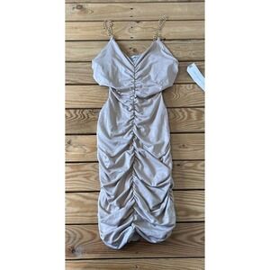 NWT Almost Famous Ruched Mini Dress Size Small Beige Sleeveless Chain Strap